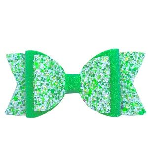 Girls Hair Bow Neon Green and White Chunky Glitter
